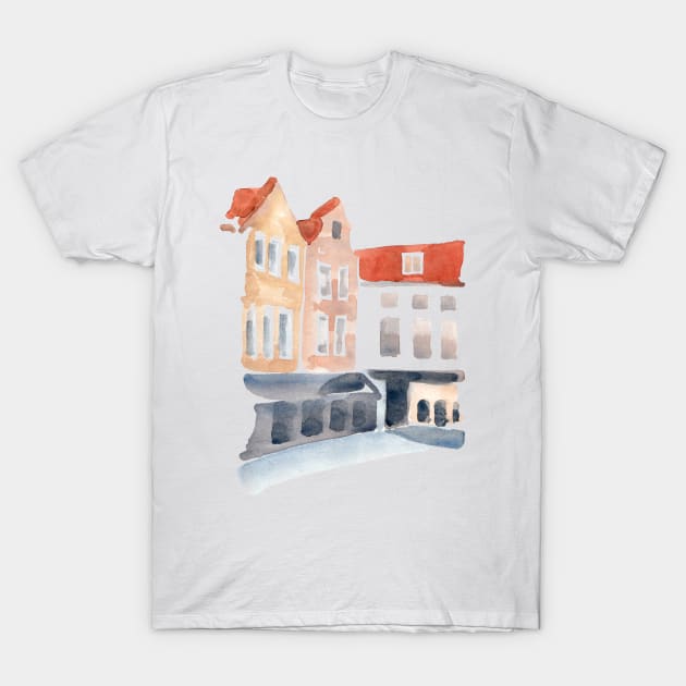 Two old houses in the of street of Bruges, Belgium. T-Shirt by ArchiTania